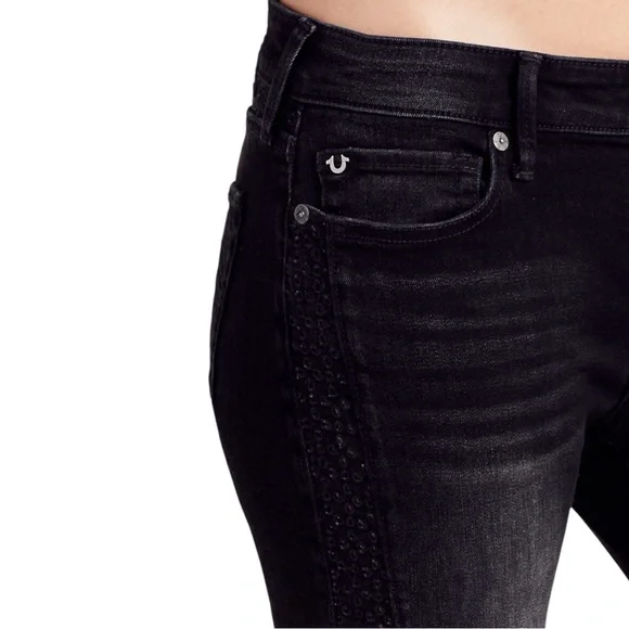True Religion Halle Mid Rise Super Skinny Moto Women’s Jean Black Distressed 25 - Picture 6 of 15